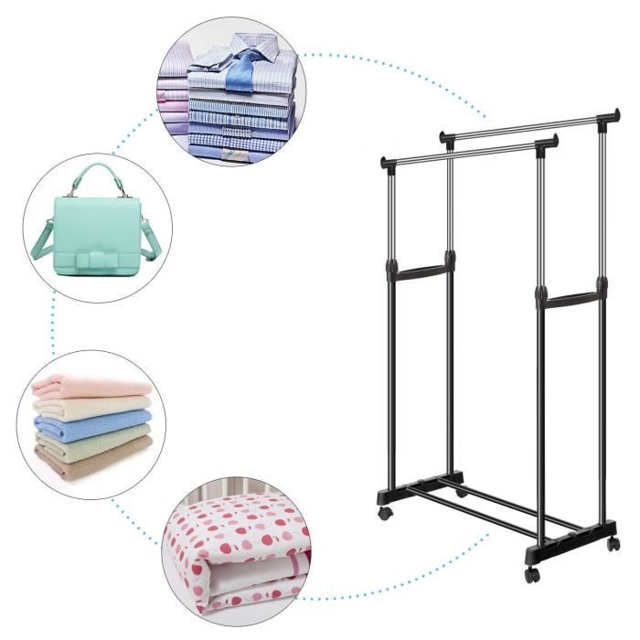 Penderie à vêtements avec 2 Barres Extensibles, Charge 5-30kg, réglable, Mobile, roulettes verrouillées