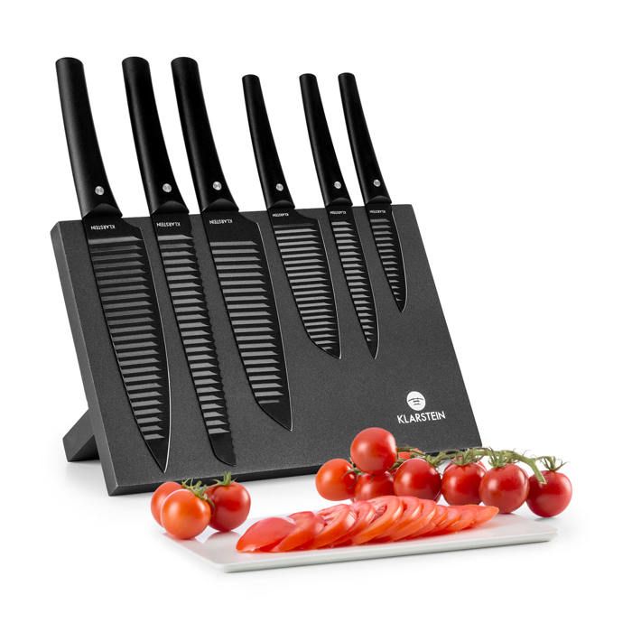 Klarstein Kissaki Set de couteaux 7 pièces style japonais bloc magnétique anti-bactérien & 6 lames en acier trempé - Noir