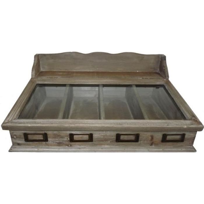 Boite à Couverts Casier à Thés Range Ustensiles Coffret de Rangement en Bois Vitrée 20x37x51cm