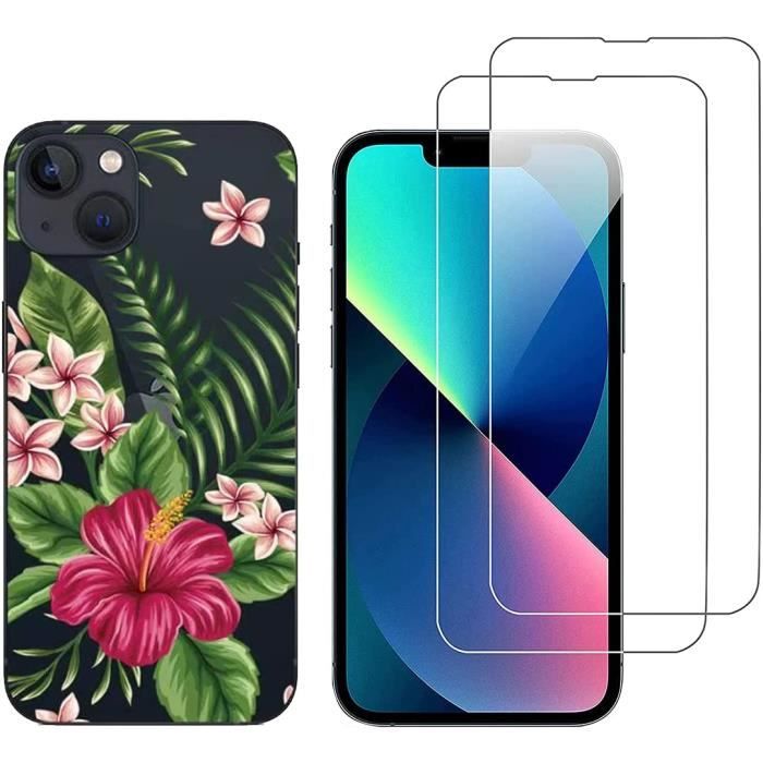 Pour iPhone 13 Mini-Coque transparente avec motif tropical exotique et 2 protections écran vitre Verre Trempé