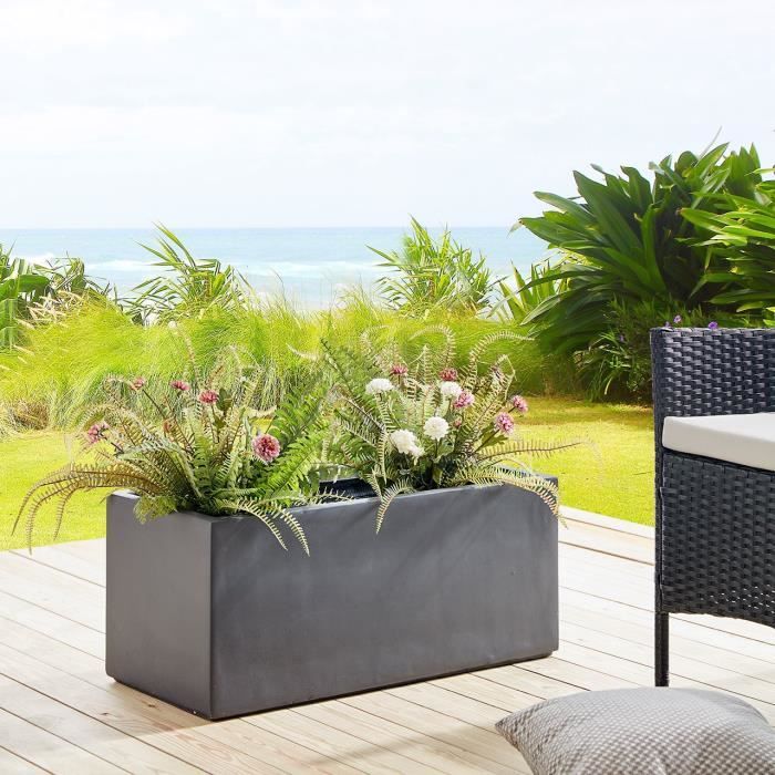 Bac à fleurs en fibre de verre style ciment - 76,5 x 34,5 x 33,5 cm - 80 L - Gris Anthracite