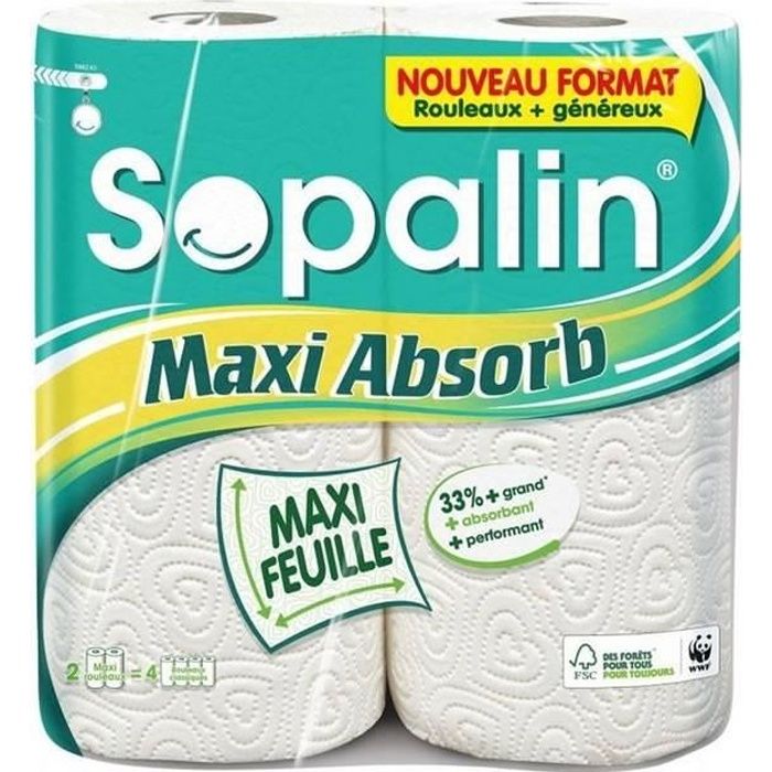 LOT DE 3 - SOPALIN Maxi Absorb Essuie-tout maxi feuille maxi absorbant - 2 rouleaux