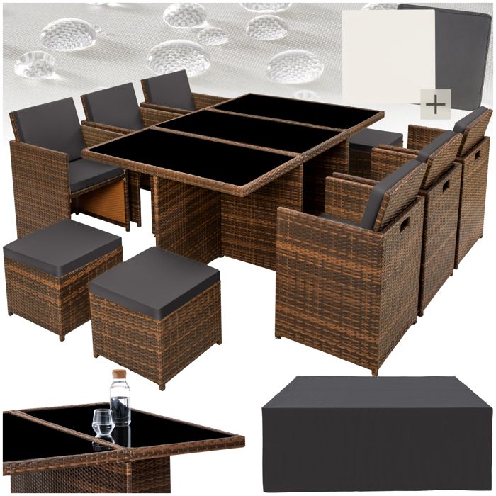 Salon de jardin NEW YORK 10 places avec 2 sets de housses + housse de protection, variante 2 - noir/marron