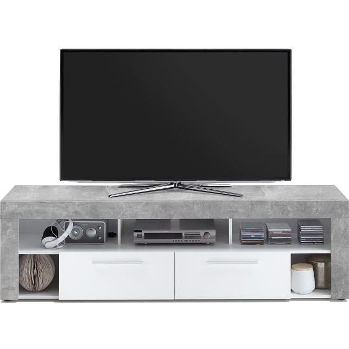 VIBIO Meuble TV contemporain mélaminé décor gris effet béton et blanc - L 180 cm