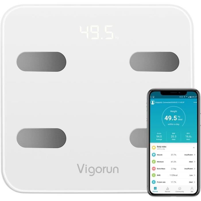 Pèse Personne Impédancemètre Vigorun Balance Connecté Bluetooth Électronique 17 Données de Mesure de Corps Blanc