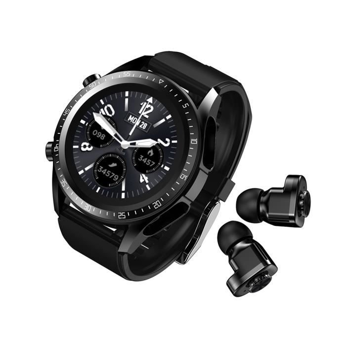Montre connectée bluetooth 2 en 1 avec écouteurs suivi de la fréquence cardiaque adaptée aux téléphones Android et IOS -Noir