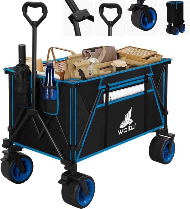 WOLTU Chariot de Jardin Pliable Roues larges Chariot pour Camping Plage Charge 120kg Tissu Oxford+Acier Noir+Bleu W0UETT0101