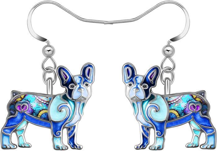 Boucles D'oreilles Pendantes Bouledogue Français - Plaqué Or Jaune, Dormeuses, Neuves Avec étiquettes