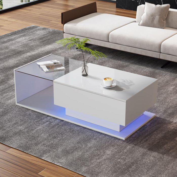 Table basse blanc en verre avec tiroir led Style moderne salon100x50x32cm