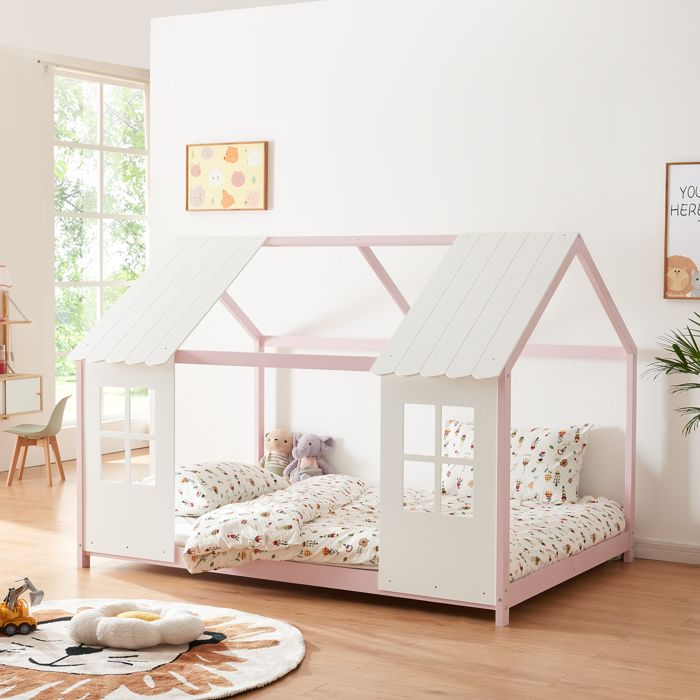Lit cabane Tostedt pour enfant forme maison bois de pin 120 x 200 cm rose blanc [en.casa]