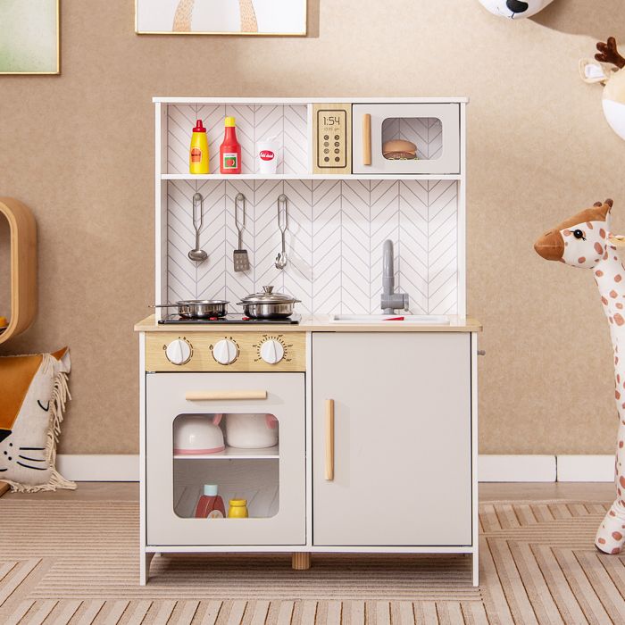 GOPLUS Cuisine En Bois Enfant Avec Sons - Jouet Cuisine Rose Avec Tableau Noir Et Accessoires, Pour 3-6 Ans