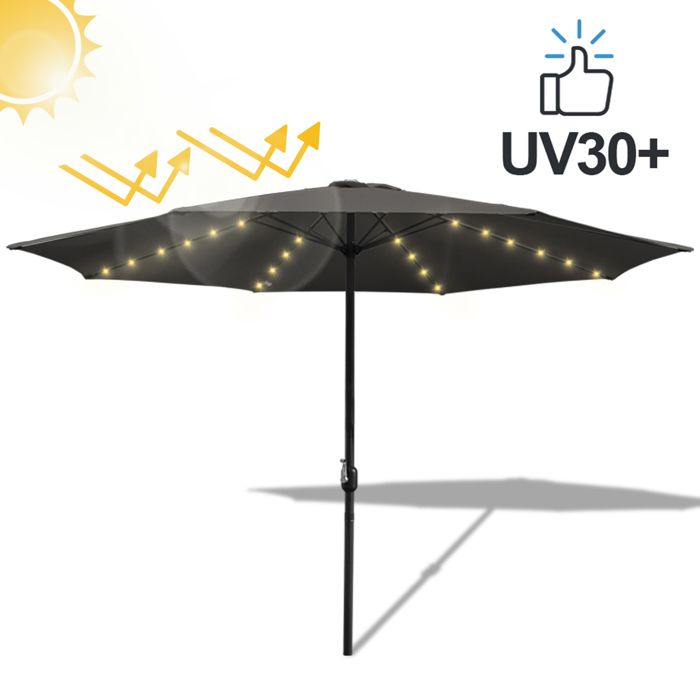 Parasol solaire de 2,7 m - Avec 32 LED et manivelle - Pour jardin Parasol solaire de 2,7 m - Avec 32 LED et manivelle - Pour jardin