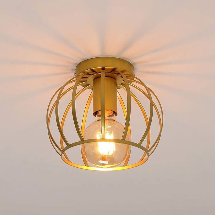 DORLINK Plafonnier Industriel en Métal Doré – Ø20 cm – Luminaire Plafonnier Design Rétro pour Salon Chambre Couloir