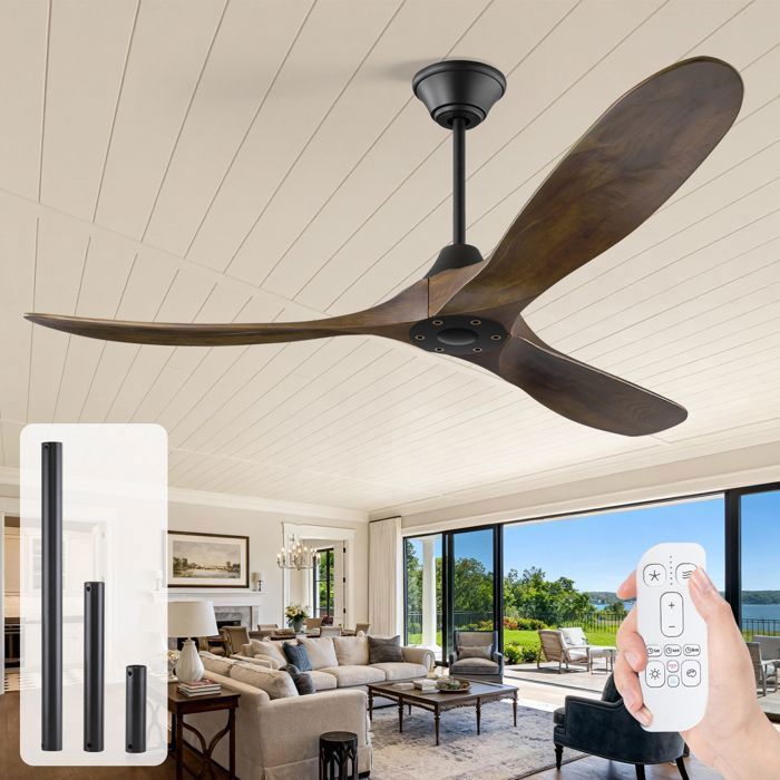 Ventilateur de plafond 152cm avec télécommande 3 pales en bois massif noir et noyer 6 vitesses réversible minuterie 1/4/8H - Shreefindee