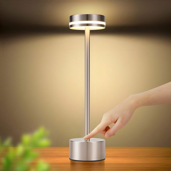 Lampe de Table LED Sans Fil Rechargeable USB-C NETTLIFE - Métal Argenté Tactile Dimmable 3000K - 6500K Design Moderne