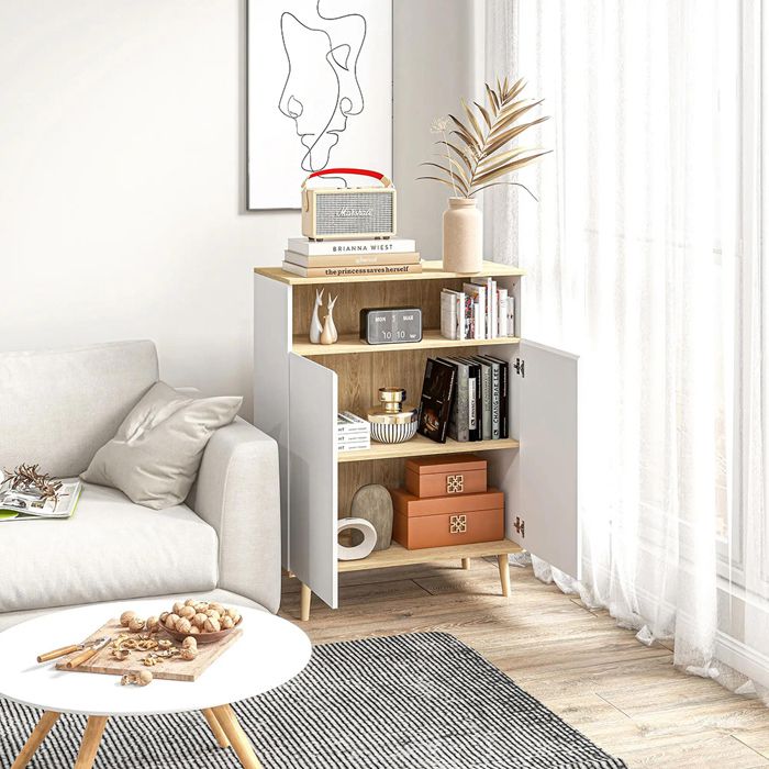 Buffet Scandinave 2 portes étagère intérieure Blanc et aspect bois Buffet Scandinave 2 portes étagère intérieure Blanc et aspect bois