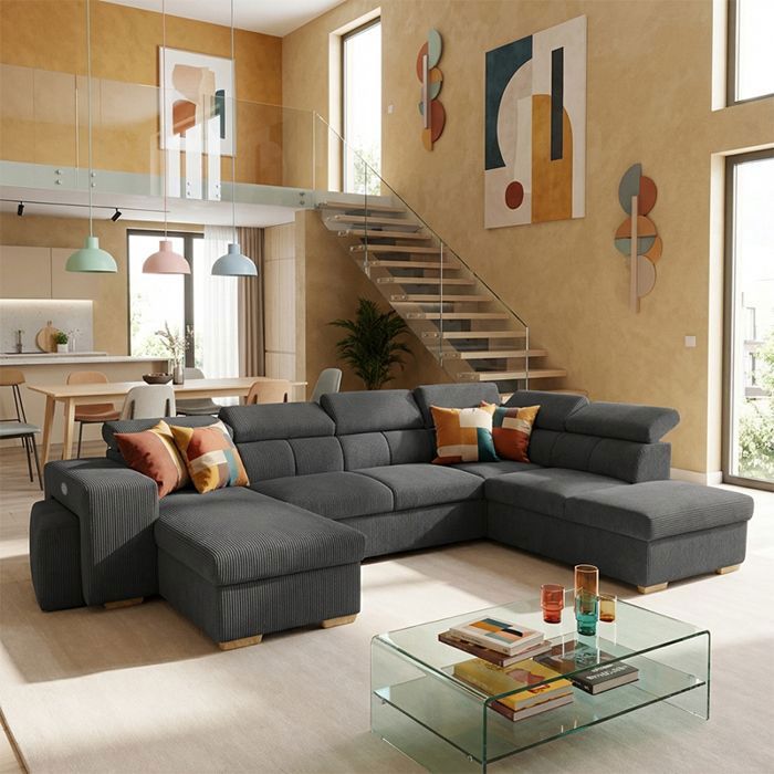 SIRIUS Canapé dangle panoramique convertible Gris ANTHRACITE (velours côtelé ) - Taille XL - 6 places - 334 x 219 x 94