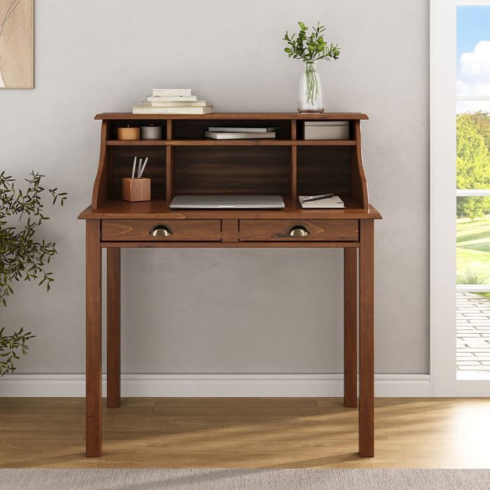 Bureau secrétaire MARLENE en bois massif coloris brun foncé avec rangement sur plusieurs étagères et 2 tiroirs Bureau secrétaire MARLENE en bois massif coloris brun foncé avec rangement sur plusieurs étagères et 2 tiroirs