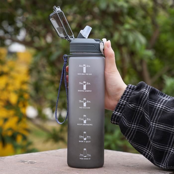 Gourde Paille 1l Bouteille deau Sans BPA Motivation Gourde Sport avec Marquages de Temps Bouteille Résistant aux Étiquette
