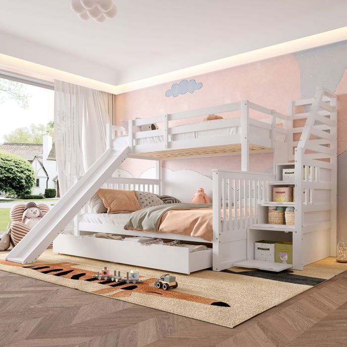 Lit superposé enfant - SOGEU - Toboggan & Tiroirs - 90x200/140x200 - Pin & MDF blanc - Escalier sécurisé