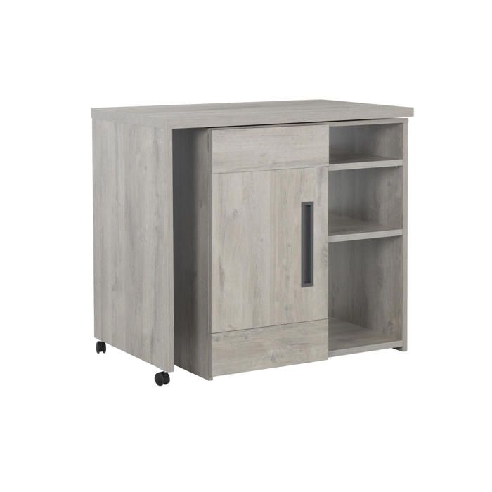 Bar pivotant effet bois chêne gris clair avec roulettes et étagères Bar pivotant effet bois chêne gris clair avec roulettes et étagères