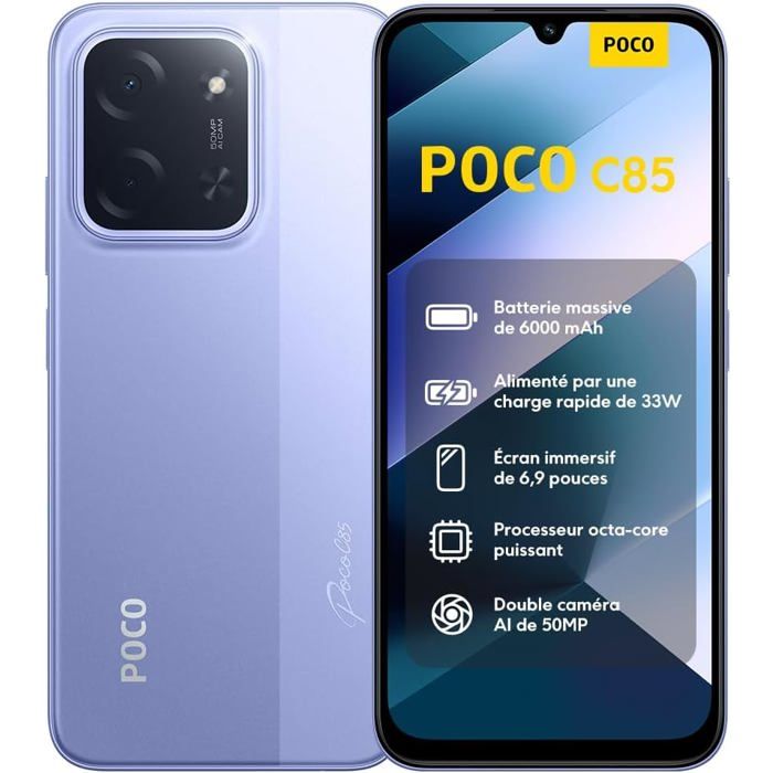 Smartphone POCO C85 6+128 Violet - Écran 69 pouces Batterie 6000 mAh