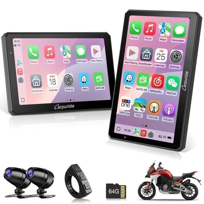 CARPURIDE W712D Autoradio Écran Carplay pour moto avec double caméra embarquée HD 1080 enregistrement en boucle，contrôleur filaire