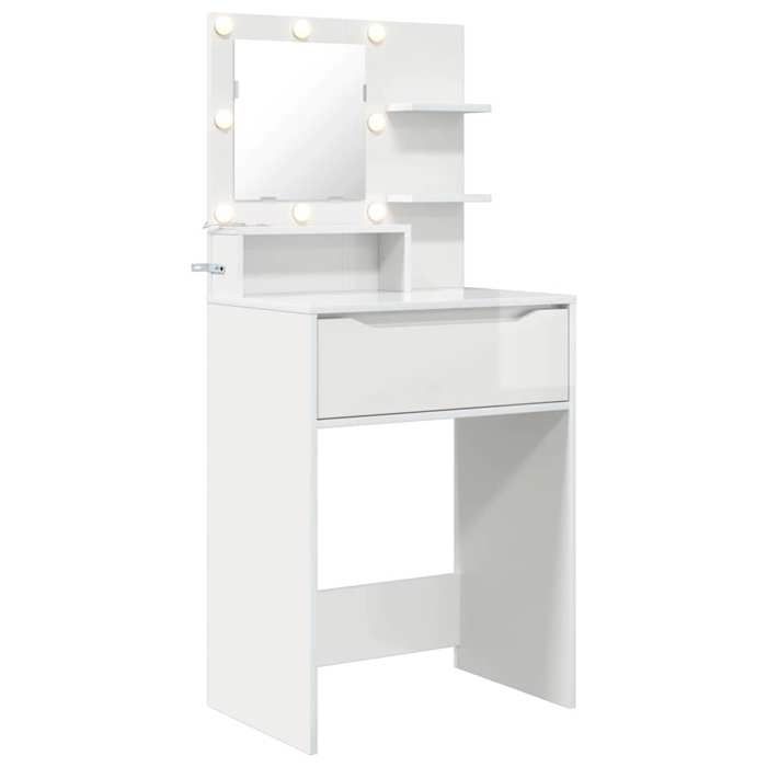 Coiffeuse moderne - GKO - Blanc brillant - 60x39.5x135 cm - Grand espace de stockage - Miroir avec éclairage Hollywood