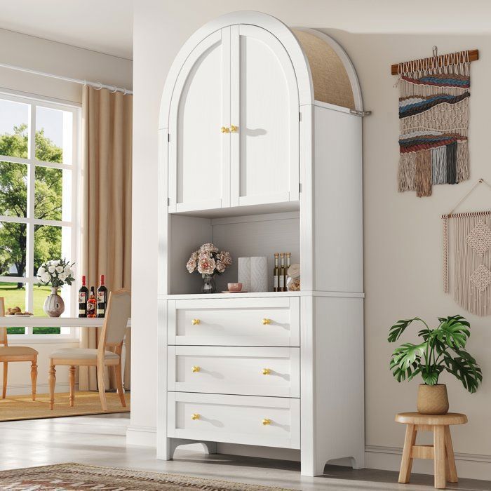 Buffet Haute Arche 70 x 35 x 180 cm avec 3 Tiroirs et Portes Courbées Meuble de Rangement Buffet haut Vintage Blanc