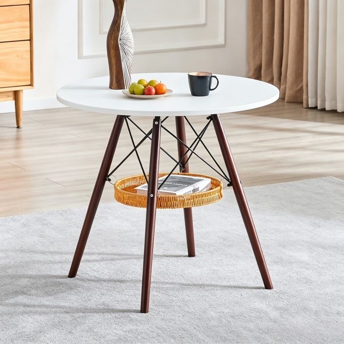 BELLEMAVE Table à Manger Ronde -Pieds en Bois Massif -avec Étagère Flottante Tressée -Table de Cuisine -80x80x71 5cm -Blanc et Noyer