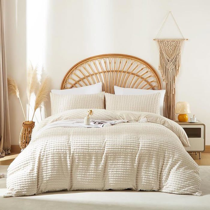 Covebett Housse de Couette 240x260 cm Beige Rayée Tuftée Broderie Bohème Parure de Lit 2 240 x 260 + 2 x 65 x 65 Rayée Beige