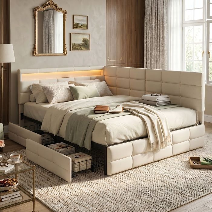 Lit Rembourré 140x200cm - Tête de Lit Réversible - LED - USB - Tiroir - Beige Lin