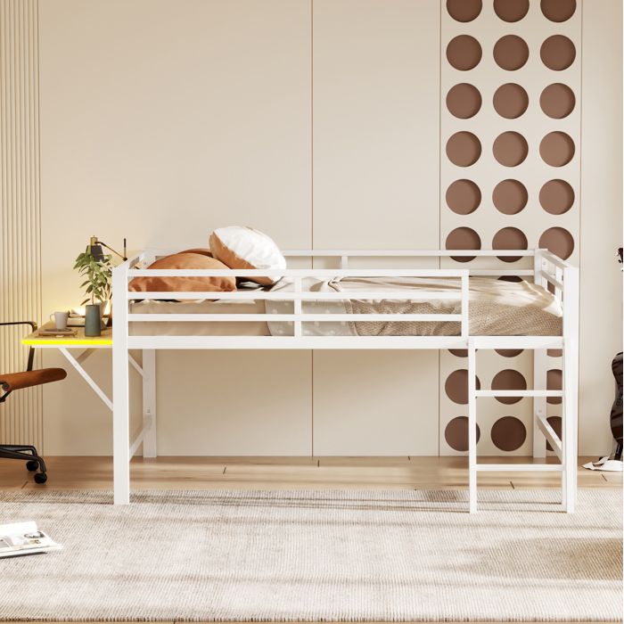 Lit Mezzanine 2 Places 140×200 cm avec Bureau Pliant LED Échelle et Barrières Sans Matelas Blanc - UVRION
