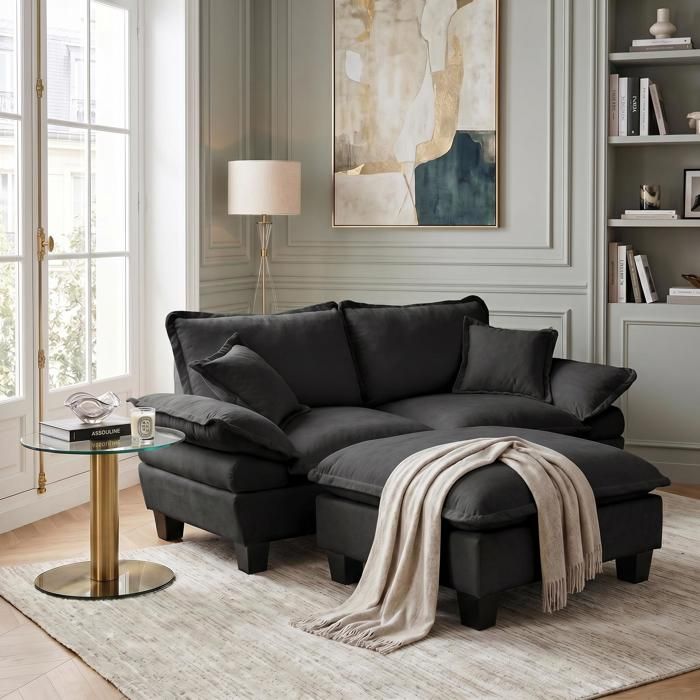 FurnitureR Canapé Cloud modulable 3 places en chenille ottoman amovible coussins moelleux noir 194 cm