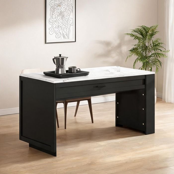 Table haute extensible avec rangement 98-204 cm 2 tiroirs et étagères latérales MDF noir classique