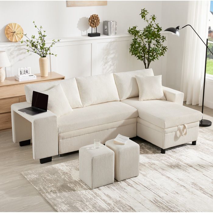 Canapé convertible dangle 3 places beige avec rangement USB et USB-C velours côtelé bibliothèque latérale ORVRYN