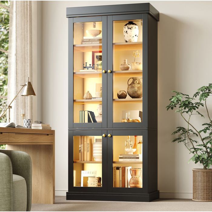 WOVREO Vitrine haute noire avec LED intégrée portes vitrées étagères multiples anti-basculement MDF et métal