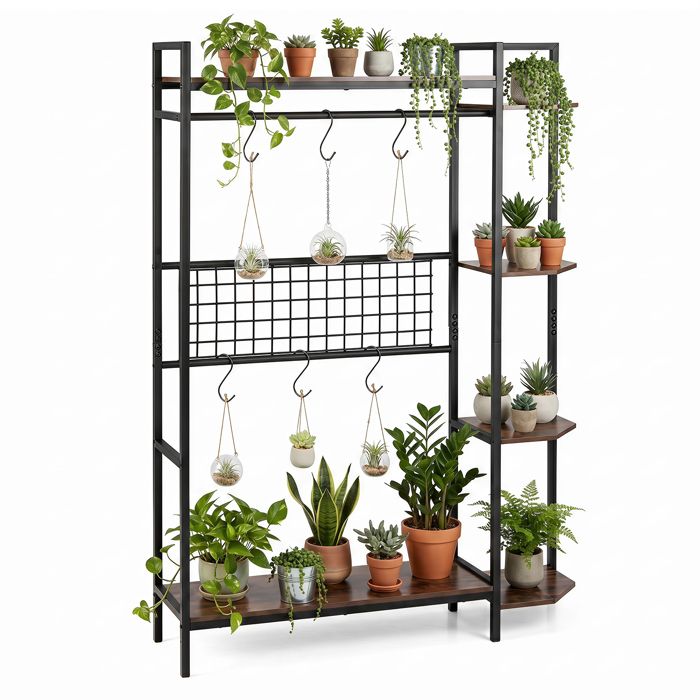 Porte-Plante COSTWAY avec Treillis et Crochets Cadre en Métal Dispositif Anti-basculement Étagère Autoportante pour Salon Entrée
