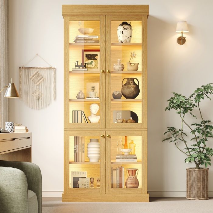 Vitrine Lumineuse - Effet Bois - Bibliothèque - en Verre - avec Éclairage LED Vertical Double et 4 Portes Vitrées - Style Moderne