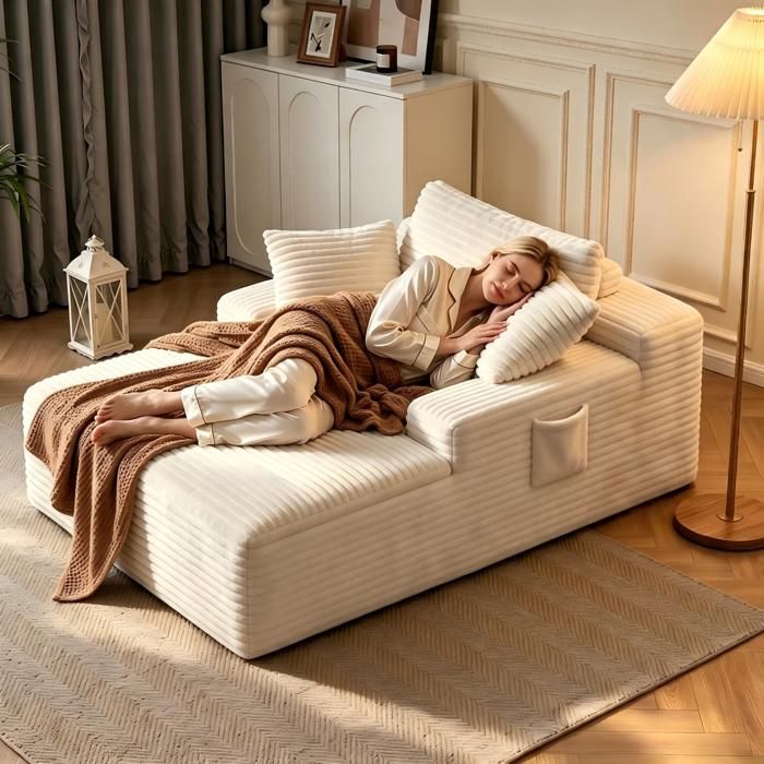Chaise Longue Moderne Sans AssemblageMéridienne en Velours Côtelé avec CoussinsCanapé Relax avec Soutien LombaireBeige