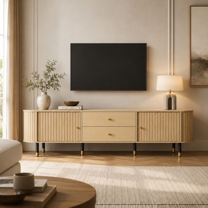 Meuble TV 180 x 40 x 58 cm avec 2 portes et 2 tiroirs Meubles de salon moderne Style maison de campagne naturel