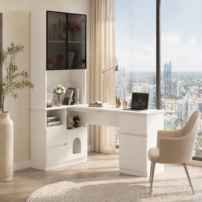 Bureau dangle avec rangement intégré – Vitrine LED 7 couleurs – Blanc MDF