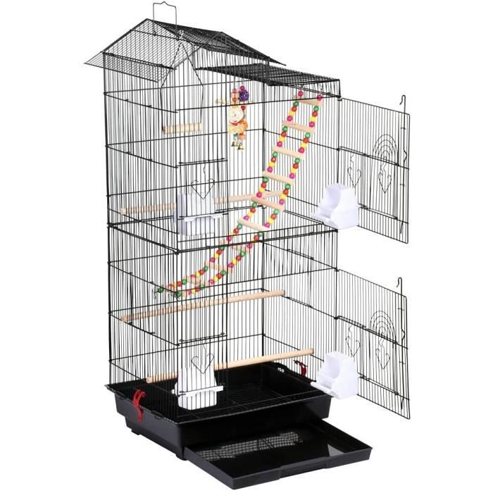 Grande Cage à Oiseaux Avec Tiroir Amovible - 80 X 60 X 167 Cm, 4 Mangeoires Métal, Roulettes - Pour Intérieur/extérieur