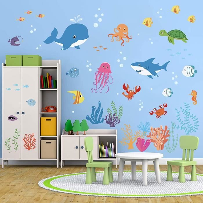 Autocollants Muraux Enfants "Sous La Mer" - 8 Stickers Animaux Marins (dauphin, Poisson...), Avec Cristaux, Neuf