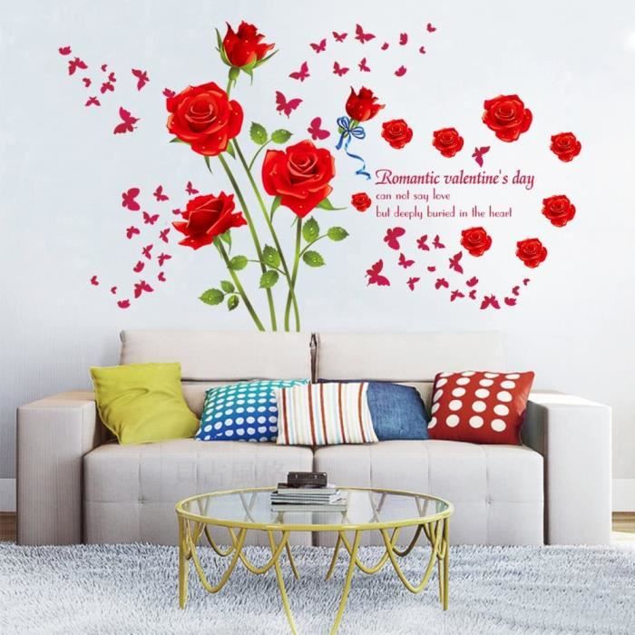 Decalmile Stickers Muraux Fleurs des Roses Rouge Romantique