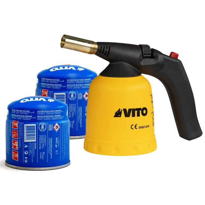 Lampe a souder à gaz ABS Allumage piezo + 2 Cartouches de gaz 190gr Perçables - Chalumeau à gaz Bricolage Plomberie Soudure VITO Lampe a souder à gaz ABS Allumage piezo + 2 Cartouches de gaz 190gr Perçables - Chalumeau à gaz Bricolage Plomberie Soudure VITO