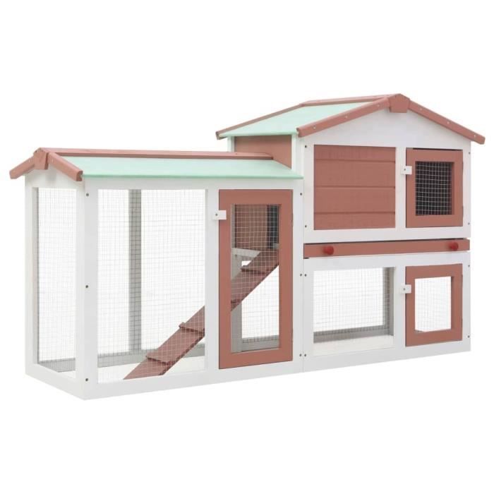 Clapier - Marron et blanc - 145x45x85 cm - Bois - Extérieur - Pour lapins