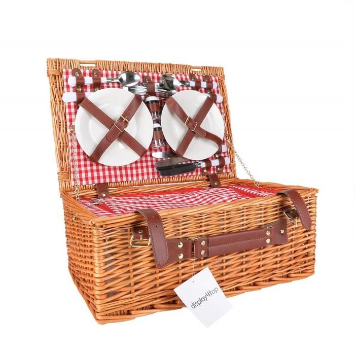 Panier pique-nique 4/ personnes en osier avec glaci/ère gris /à carreaux couverts assiettes