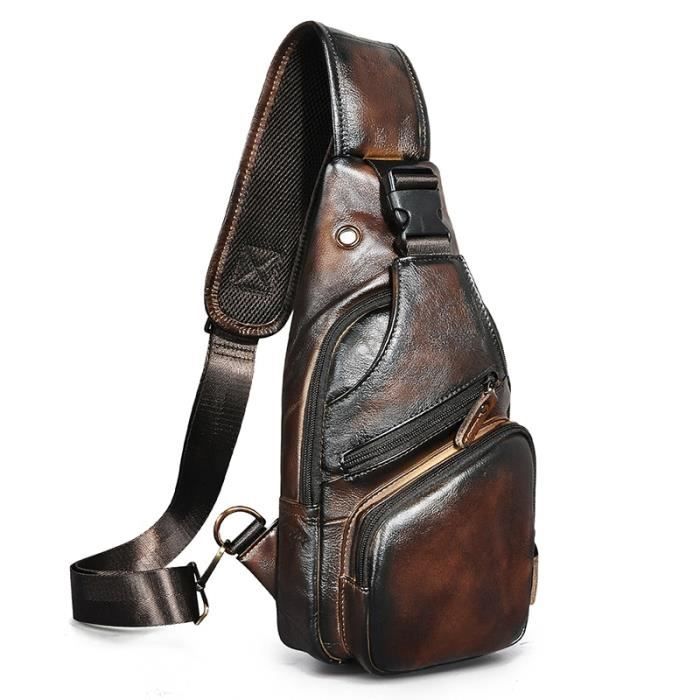Collier de Poitrine Cuir Marron Huilé Boucles Cuivre Centre