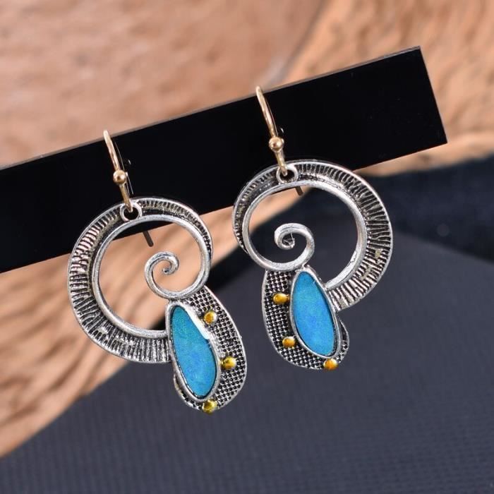 Boucles D'oreilles Pendantes Boho Or Avec Pierre Grise - Neuf Sans Emballage